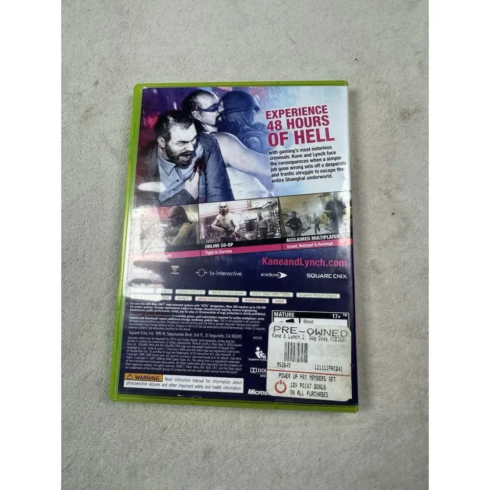 Kane & Lynch 2 Dog Days Xbox 360 2010 Square Enix Mature Video Game